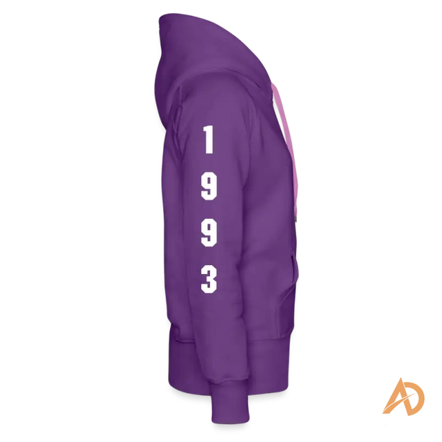 Purple Hustle Girl Hoodie with 1993 printed sleeve, perfect for the modern woman in hustle culture