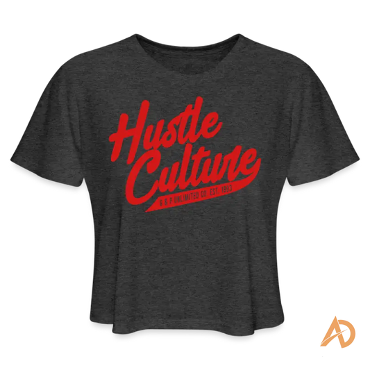 Dark gray crop top t-shirt with red Hustle Culture text, a flirty trendy crop for women