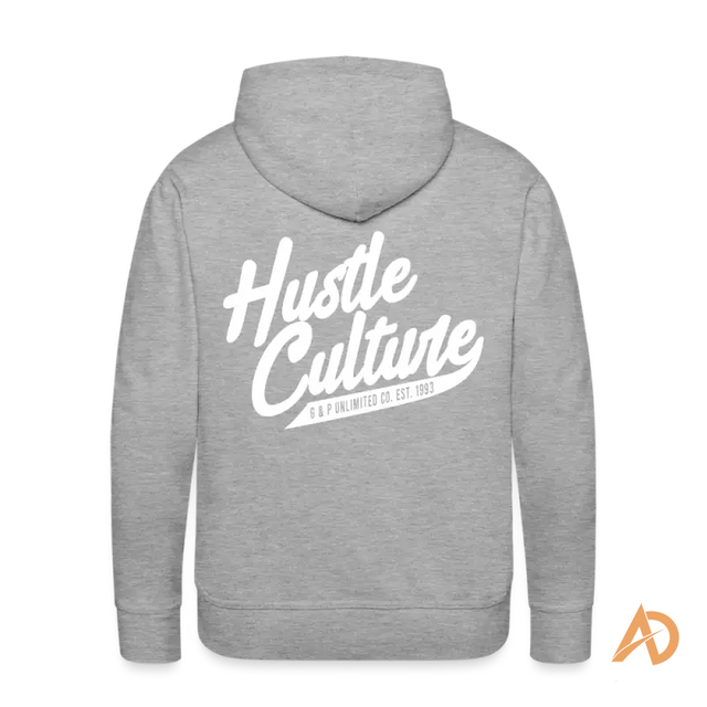 Grey hoodie showcasing Hustle Culture text, embodying vintage vibe and timeless spirit