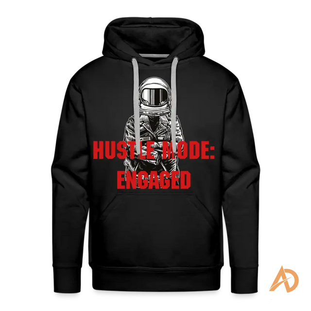 Black Hustle Mode: Engaged Hoodie featuring astronaut design and vibrant red text