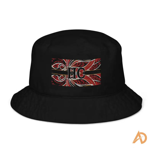 Black Hustle Culture Bucket Hat made of organic cotton featuring red and white HC logo