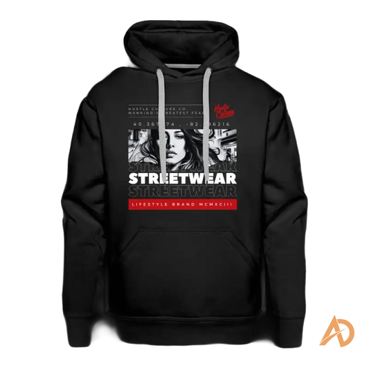 Black premium hoodie featuring streetwear graphic design from Hustle Culture Co
