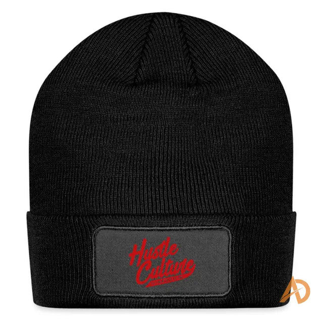 Red logo on black Hustle Culture Co. Patch Beanie with cotton twill patch detail