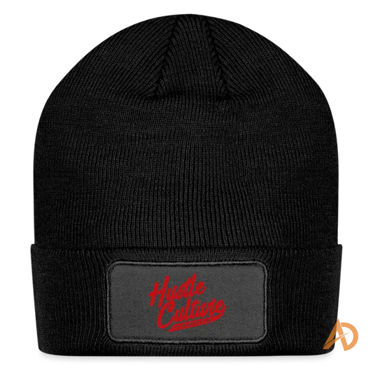 Black knit Hustle Culture Patch Beanie with gray cotton twill patch and red text