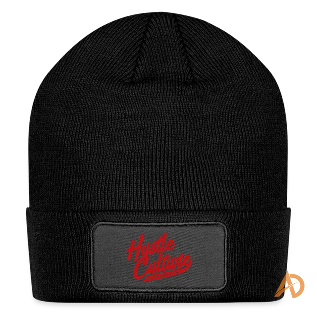 Black knit Hustle Culture Patch Beanie with gray cotton twill patch and red text