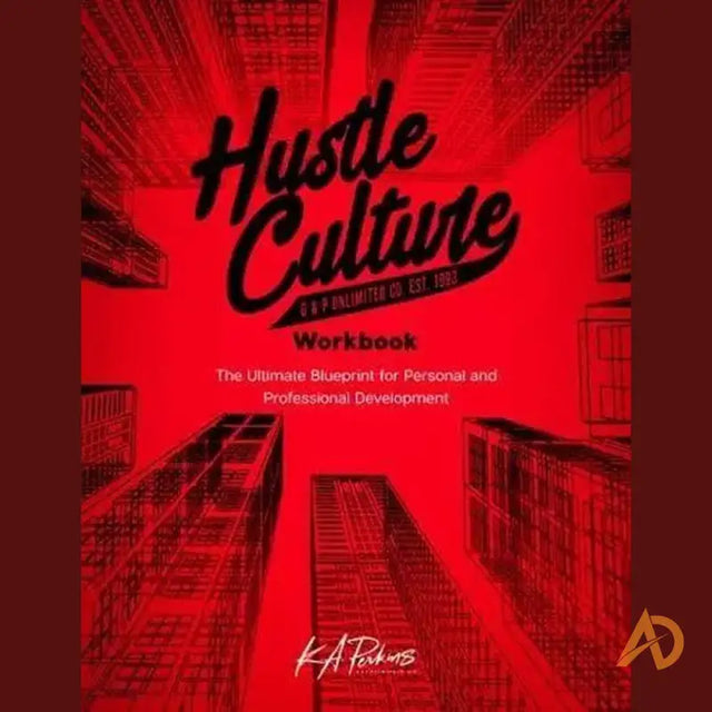 Red book cover of Hustle Culture Workbook by K A Perkins featuring a city image