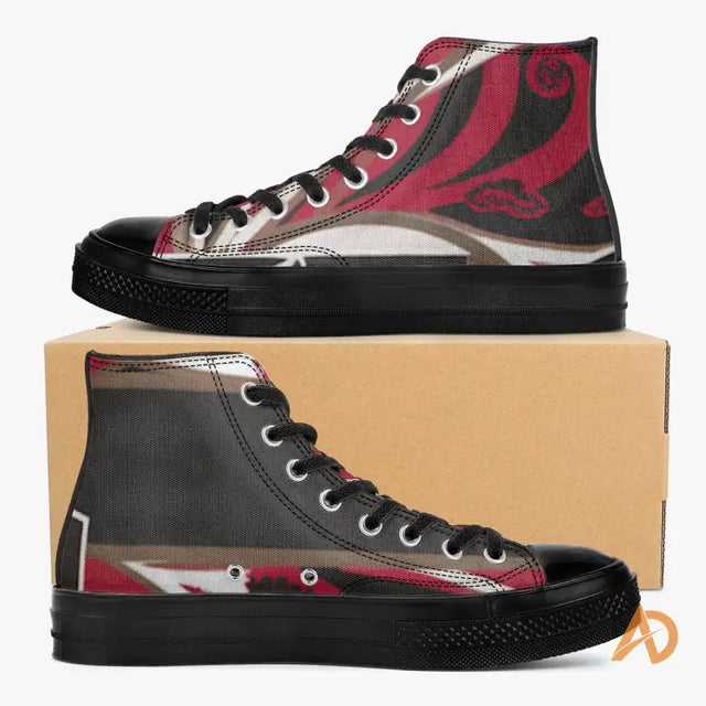 High-top Hustle Paisley sneakers featuring red, black, and metallic design elements