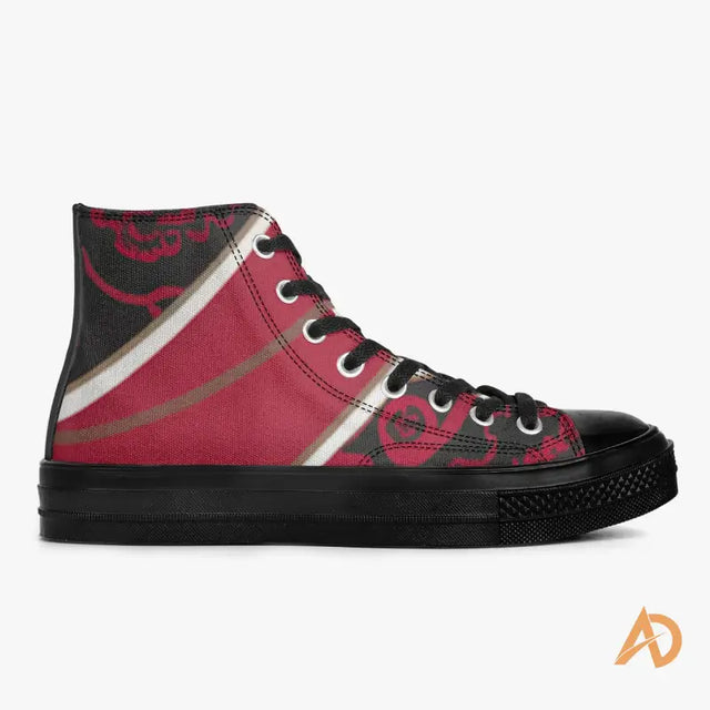 Red and black Hustle Culture Paisley High-Tops with metallic silver accents