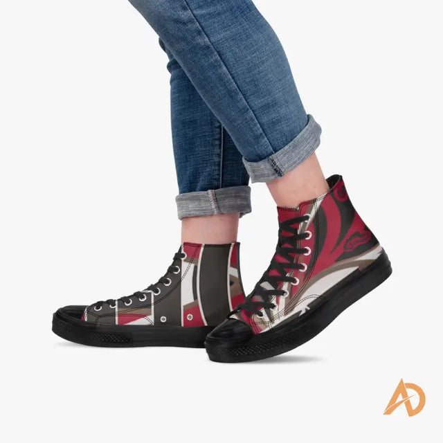 High-top sneakers in black and red with geometric pattern design, Hustle Paisley High-Tops