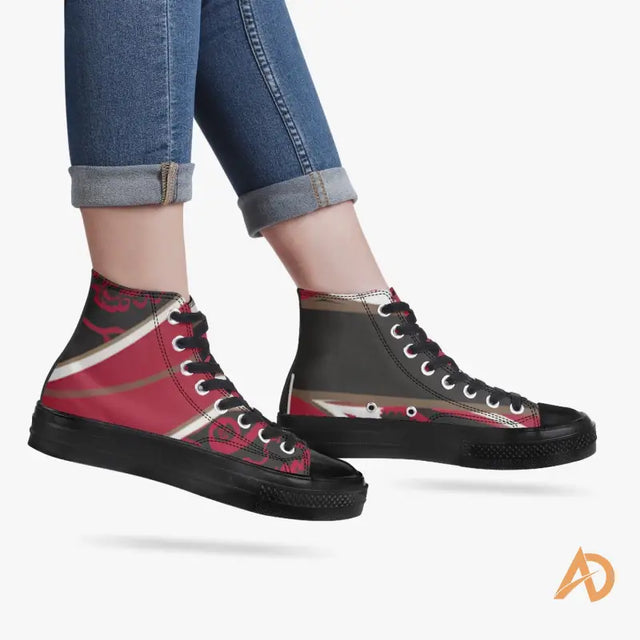 High-top sneakers in black and burgundy with silver accents, Hustle Paisley High-Tops