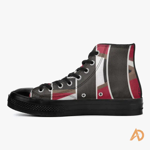 High-top sneaker featuring black, red, and white geometric design of Hustle Paisley High-Tops