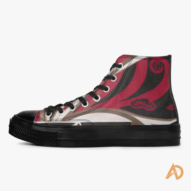 High-top sneakers featuring red and black swirl design on metallic silver for Hustle Paisley High-Tops