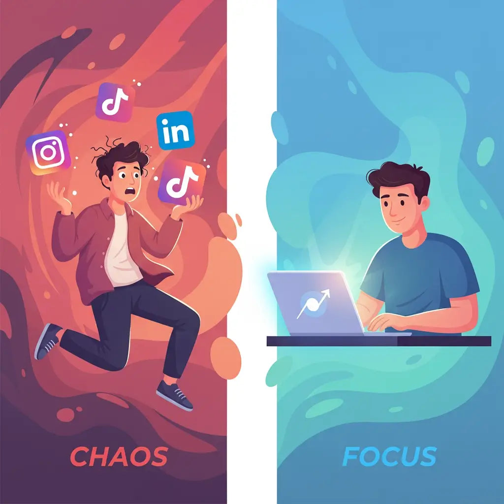 Illustration contrasting digital chaos and focused productivity for Christian leaders’ personal brand