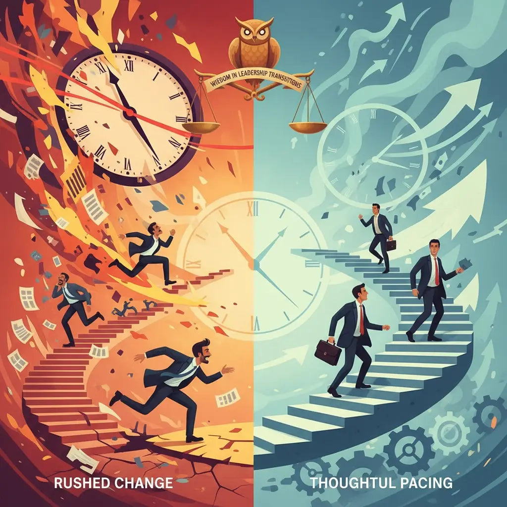 Illustrative comparison of rushed versus thoughtful leadership transitions for faith-based leaders