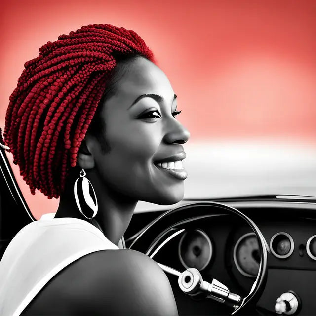 Joyful profile portrait with red braids and hoop earrings, symbolizing a personal mission statement.