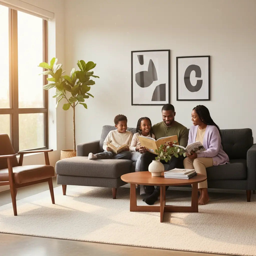 Modern gray sectional sofa with ottoman, dark wood table for spiritual disciplines