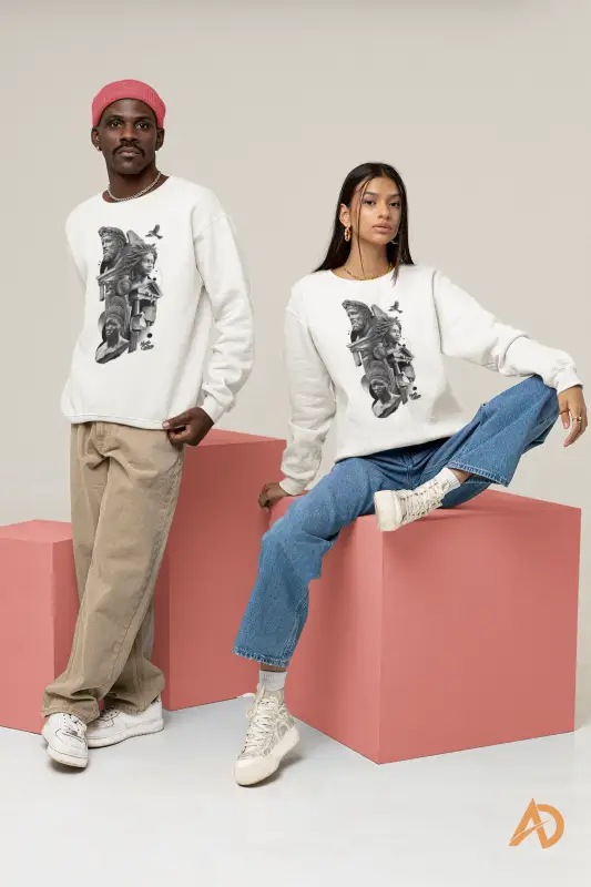 Two individuals in matching white Kingdom Come sweatshirts made of organic cotton