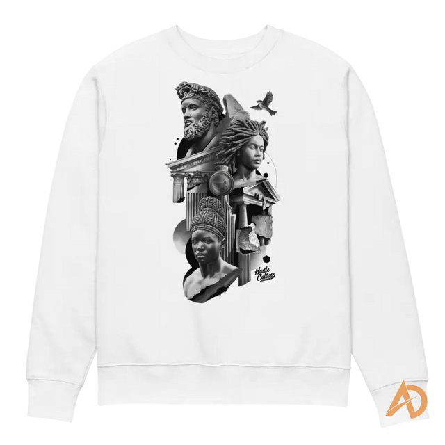 White organic cotton sweatshirt featuring a black and gray artistic collage of sculptures