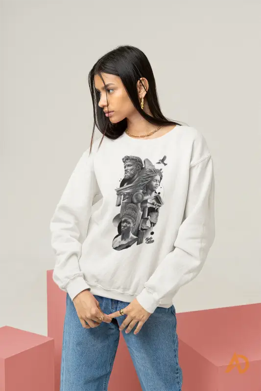 White organic cotton Kingdom Come Sweatshirt by Hustle Culture with artistic black and gray design