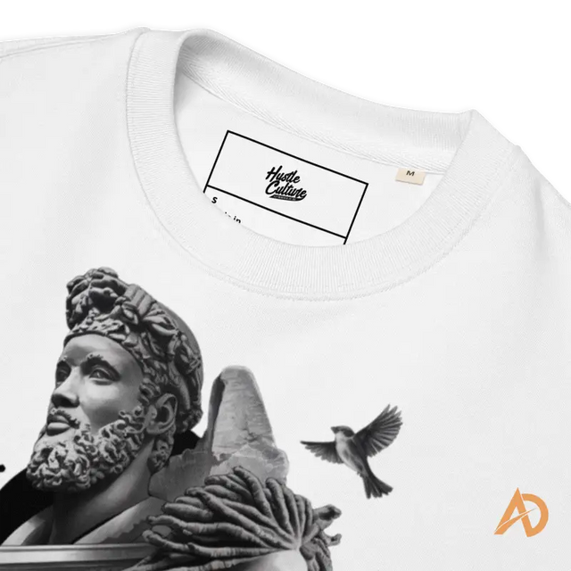 White t-shirt with black and white statue print, ideal for Hustle Culture enthusiasts