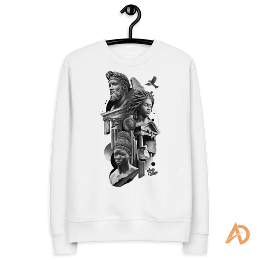 White organic cotton sweatshirt featuring a black and gray artistic collage by Hustle Culture