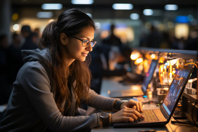 Someone working on a laptop in dim lighting while wearing glasses and a hoodie.