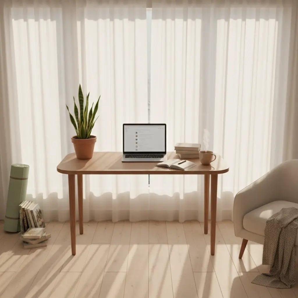 Light-toned wooden desk with rounded corners representing sacred hustle in hustle culture