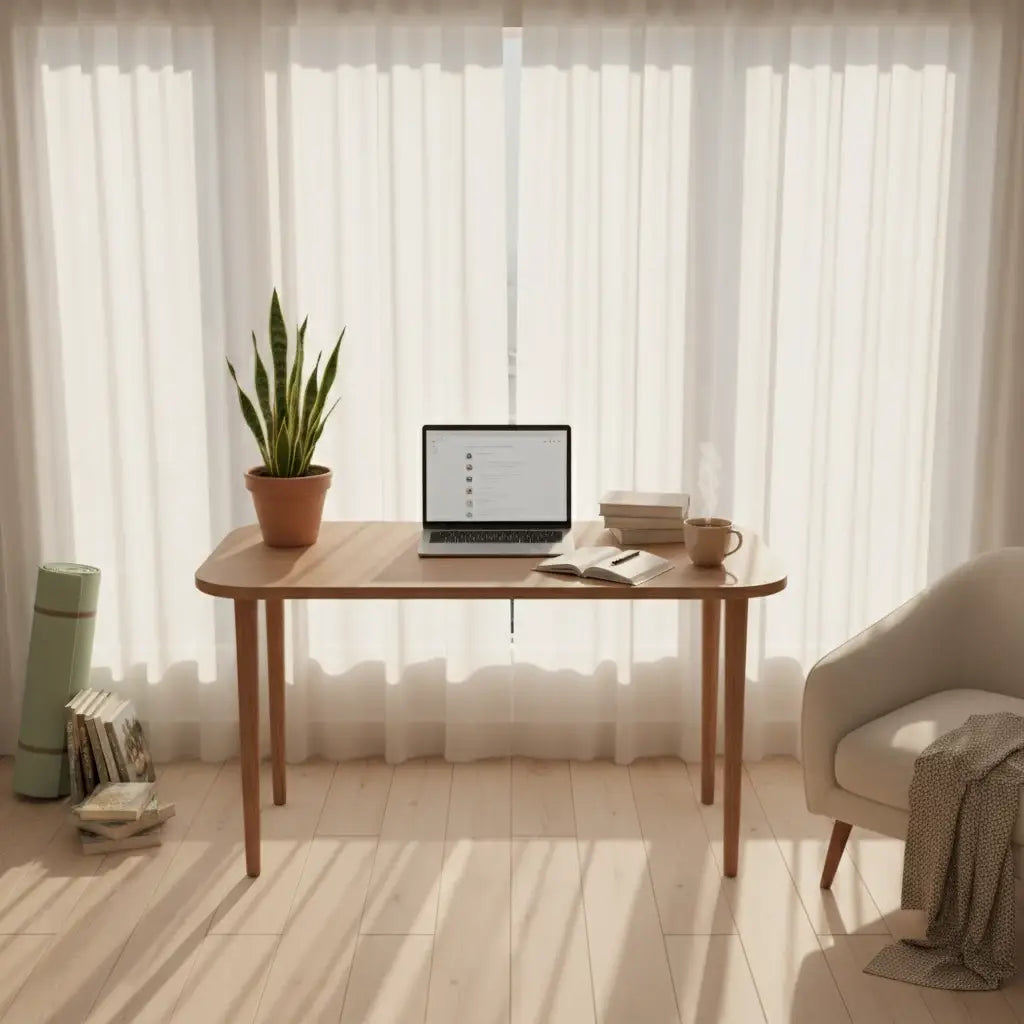 Light wood rectangular desk with rounded corners illustrating hustle culture in Sacred Hustle article