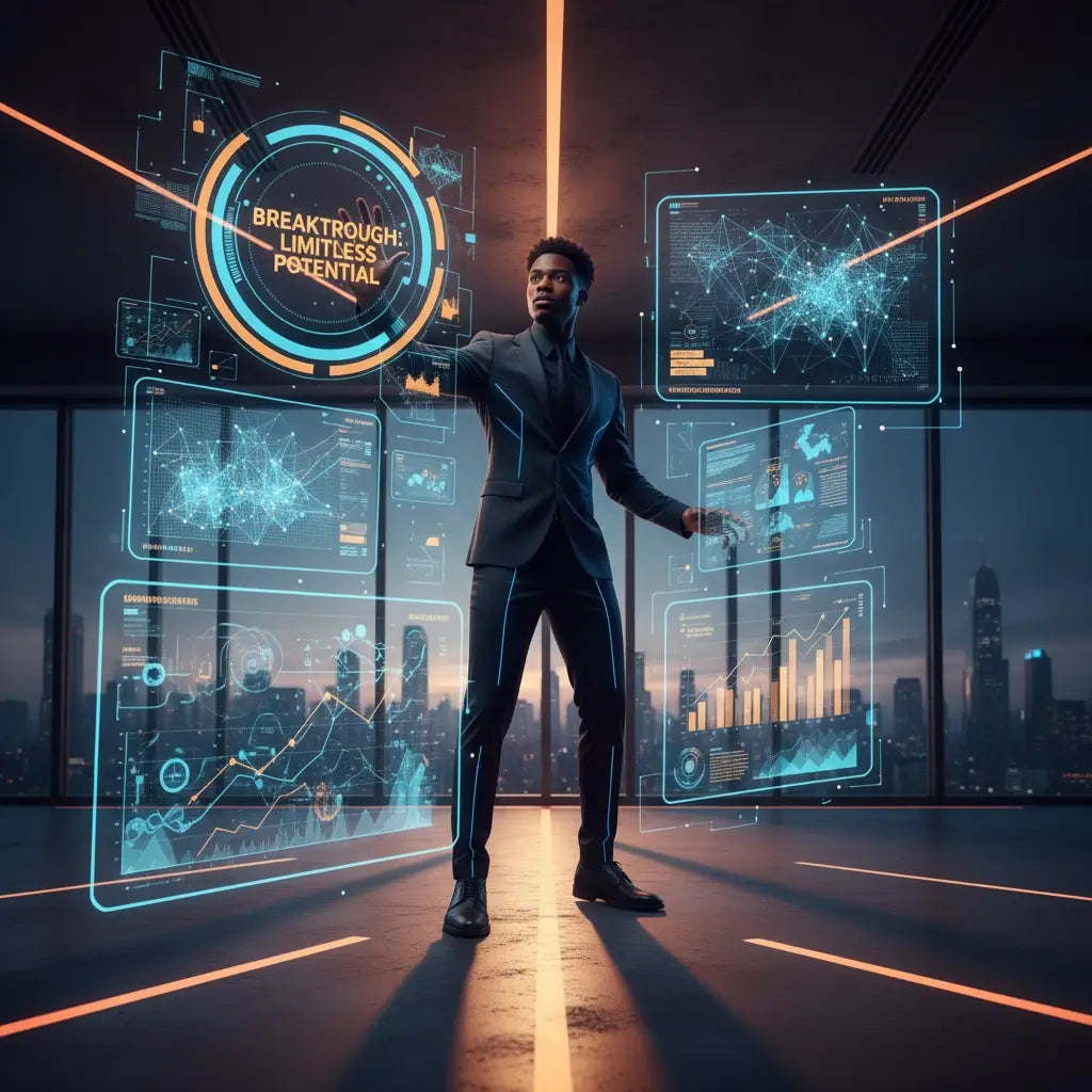 Futuristic black leather suit with holographic overlay for faith-fueled success