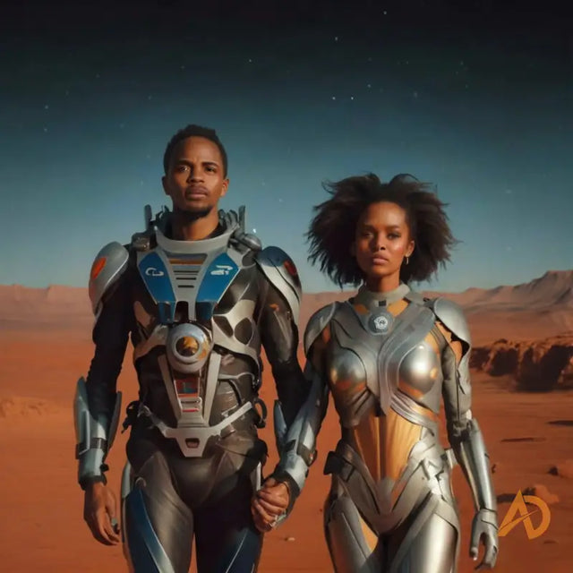 A man and woman in futuristic suits exploring a desert in Love & Partnership: a Universe Called by Avodah Dynamics