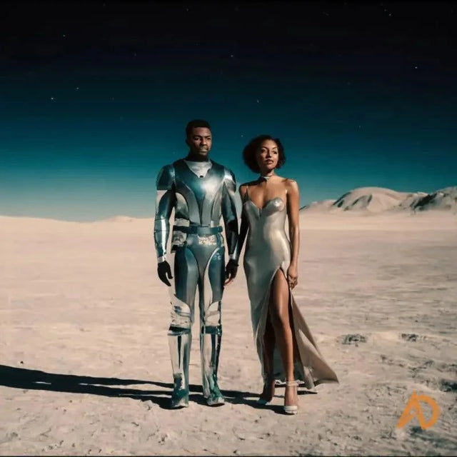 Man and woman in silver dresses in a desert for Love & Partnership: a Universe Called by Avodah Dynamics