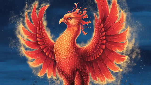 Majestic phoenix with fiery red-orange feathers and spread wings rises amid mystical flames.