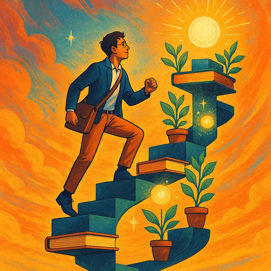 Gen Z adults ascending a book staircase symbolizing moving beyond hustle culture toward spiritual curiosity