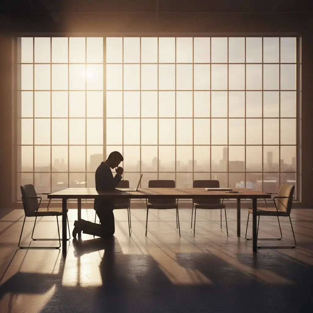 Man kneeling at conference table with laptop in faith-based leadership effectiveness article