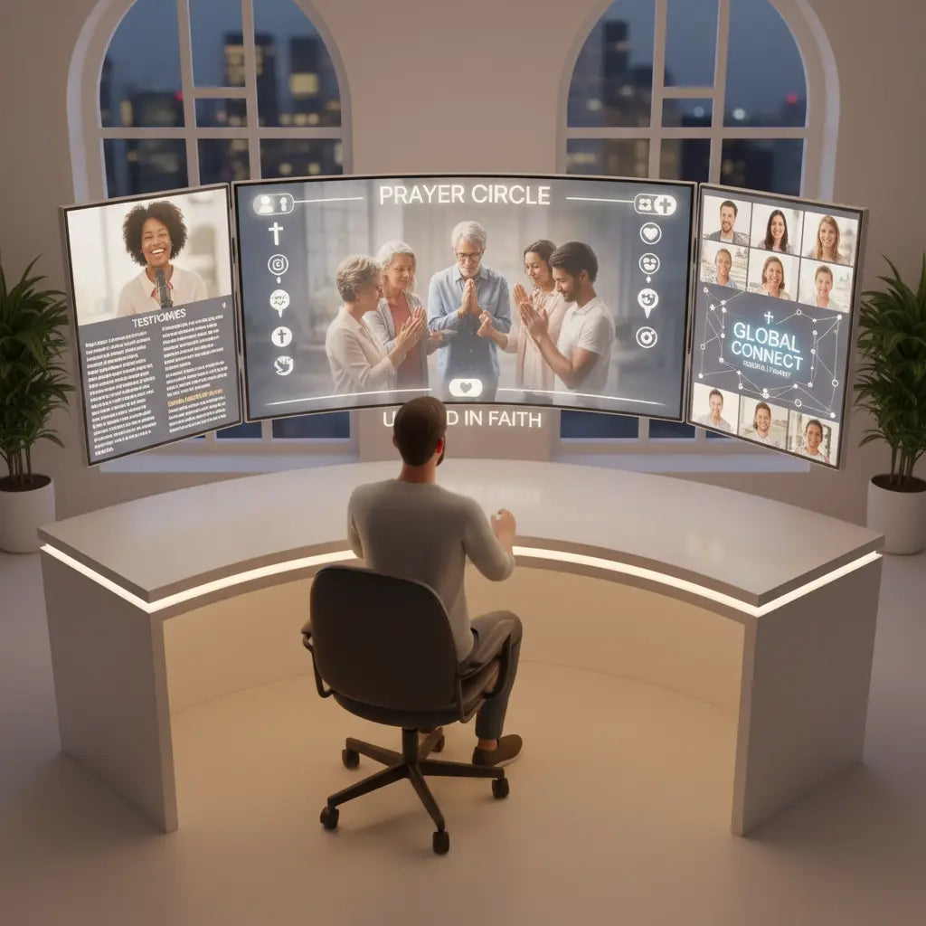 Man at a modern desk with glowing screens illustrating digital faith leadership