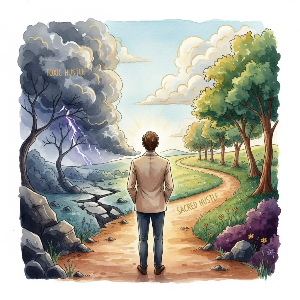 Man at a fork in the path symbolizing sacred hustle versus toxic hustle culture