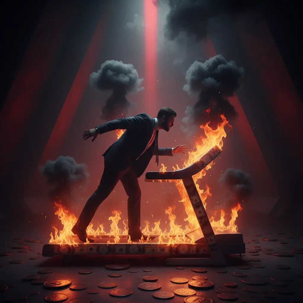 Man in a suit running on a treadmill engulfed in flames symbolizing breaking free from hustle culture with a faith-centered approach