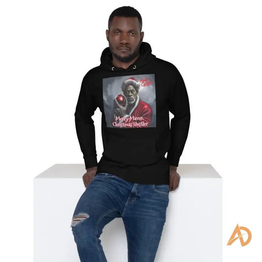 Black Merry Maven Christmas Hustler Hoodie by Hustle Culture paired with distressed jeans