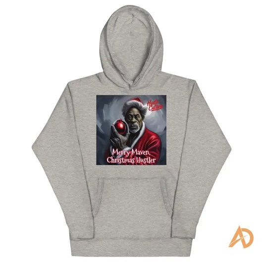 Grey hooded sweatshirt with dark holiday design for the Merry Maven Christmas Hustler