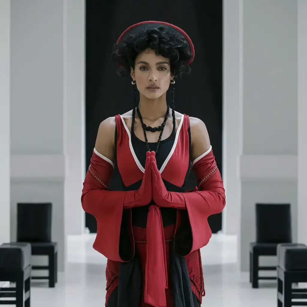 Model in red and black layered outfit embodying mindfulness practices for mindful leaders.