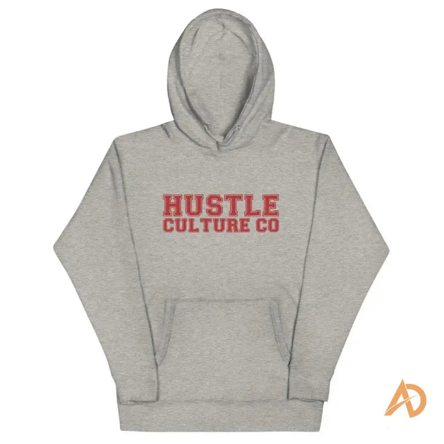 Grey Modern Hustle Culture Varsity Hoodie featuring the words hustle culture co