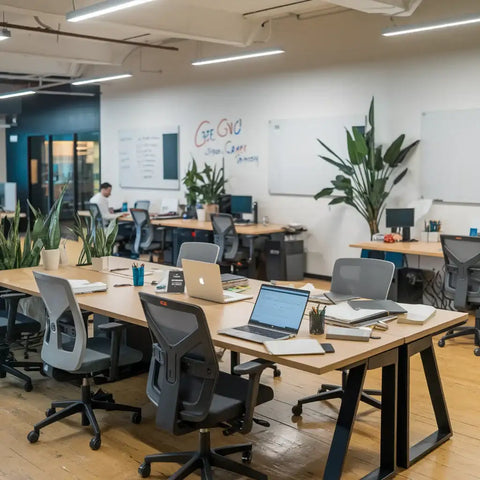 Modern office workspace featuring wooden desks and ergonomic chairs reflecting Christian work ethic.