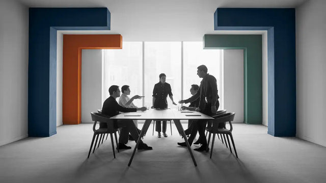 A modern meeting room with a large table and several chairs, featuring abstract L-shaped wall accents in blue, orange, and green, and five people engaged in a discussion.