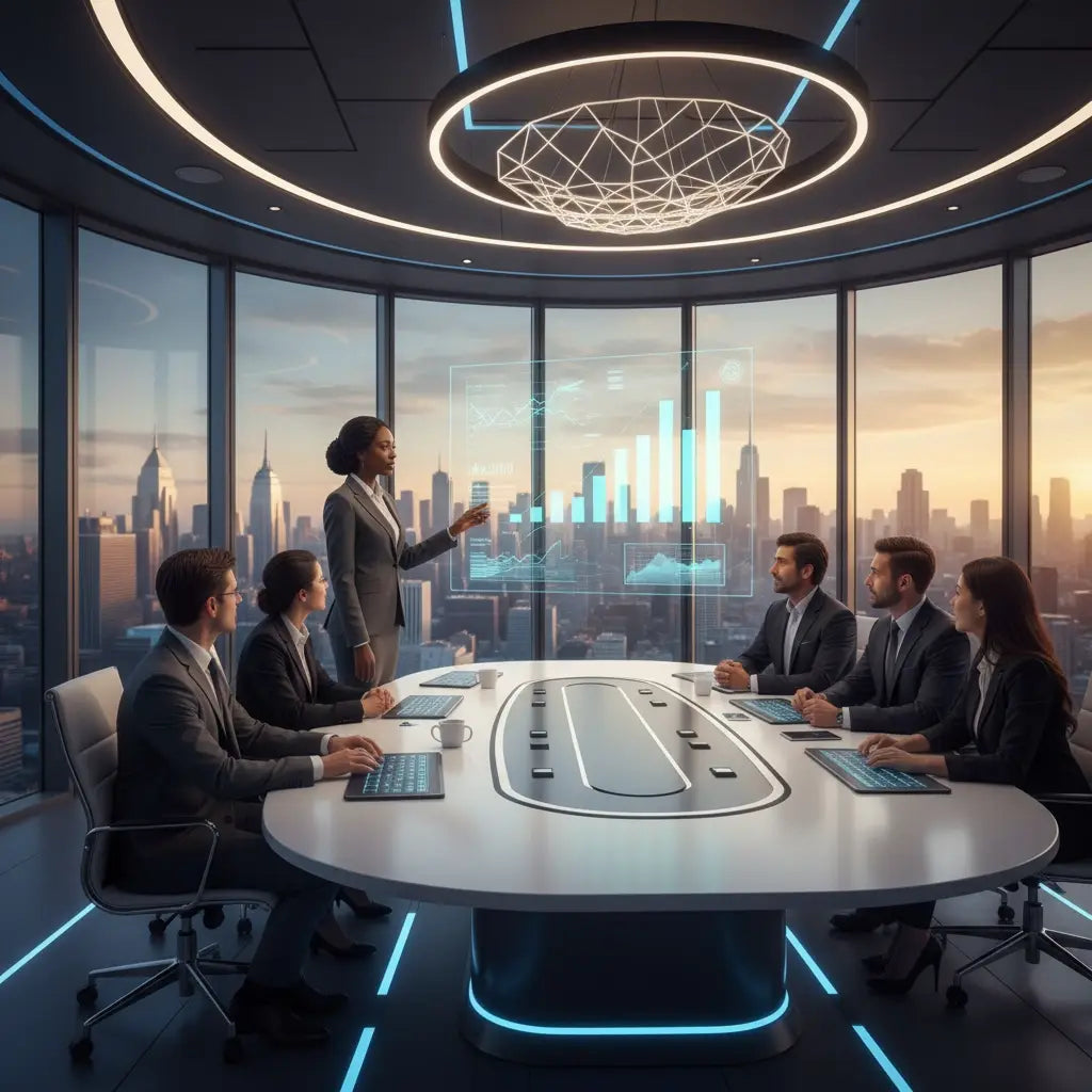 Modern white oval conference table for Christian entrepreneurs in hustle culture