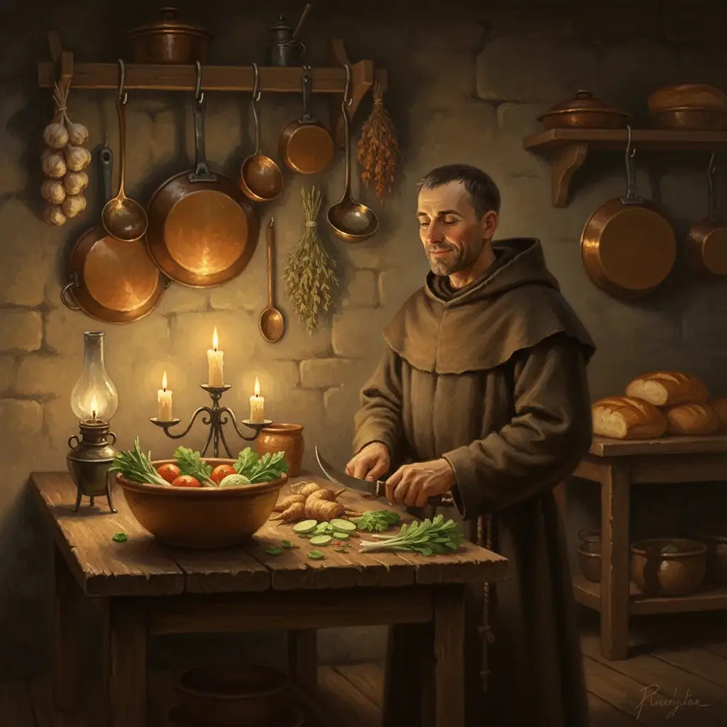 Monk in brown habit chopping vegetables on wooden table illustrating Monday morning anticipation