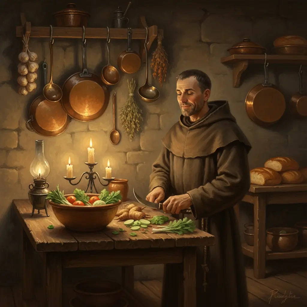 Monk preparing vegetables in rustic kitchen reflecting Monday morning anticipation and purpose