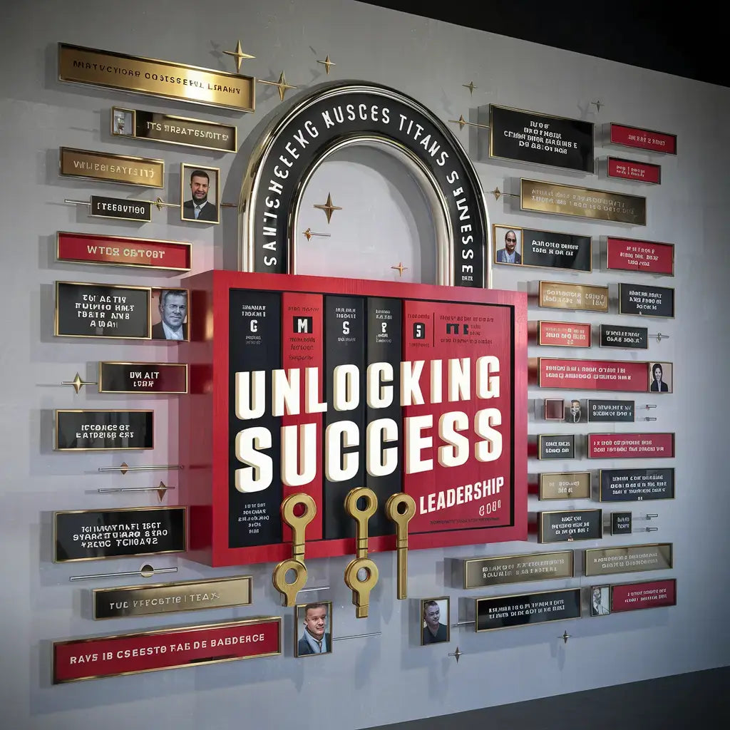 Motivational wall display with Unlocking Success, keys, and leadership skills from Industry Titans.