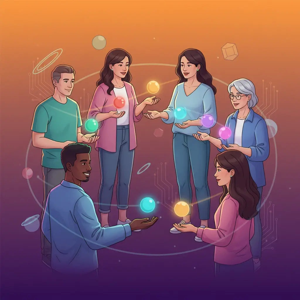 Multi-colored glowing orbs in Avodah Dynamics divine instruction