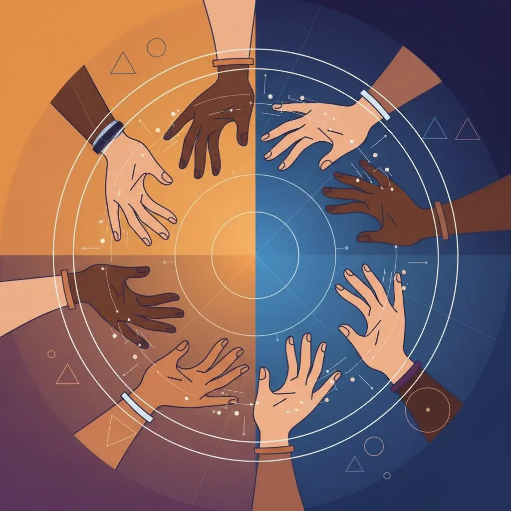 Multi-colored hands in unity circle for Christian coaching in uncertain times