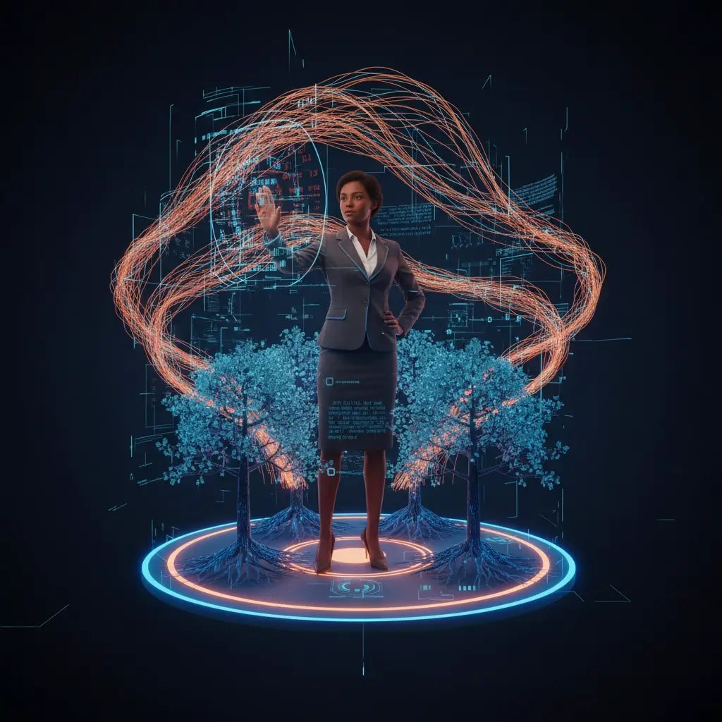 Holographic neon blue and orange tree symbolizing vision agility for Christian leaders and biblical truth